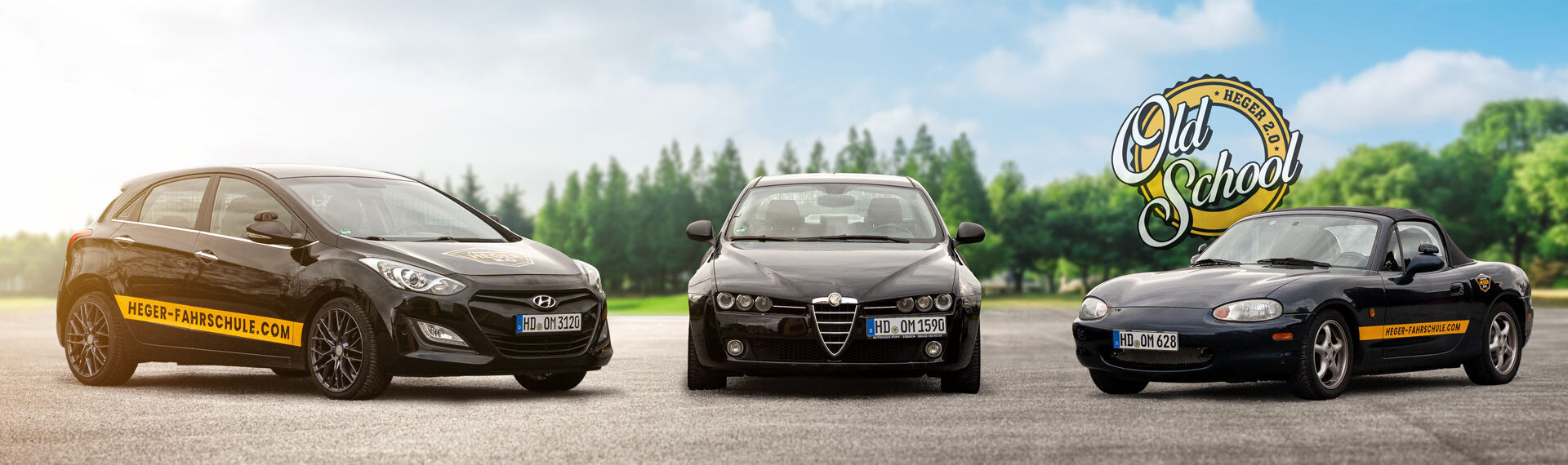 Titelbild der Fahrschule Heger mit drei Fahrschulautos